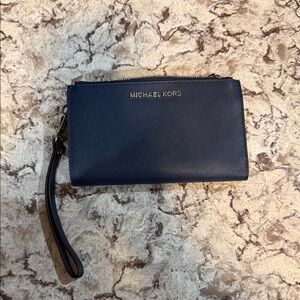 Michael Kors Navy Saffiano Wristlet with Gold Logo